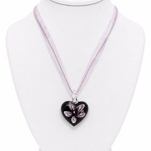 Black Heart Purple Murano Pendant Necklace with Purple Floral Design